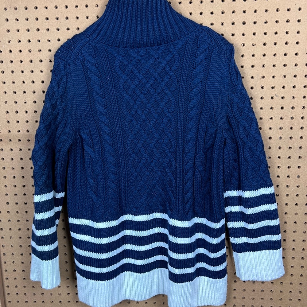 Tuckernuck Navy Striped Sankaty Turtleneck Sweater with Gold Buttons - Picture 11 of 12